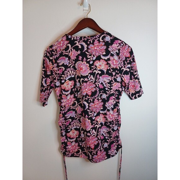 Lands End Knit Pullover Top S Pink Floral Shortsleeve V Neck Spandex Stretchy - Picture 9 of 13